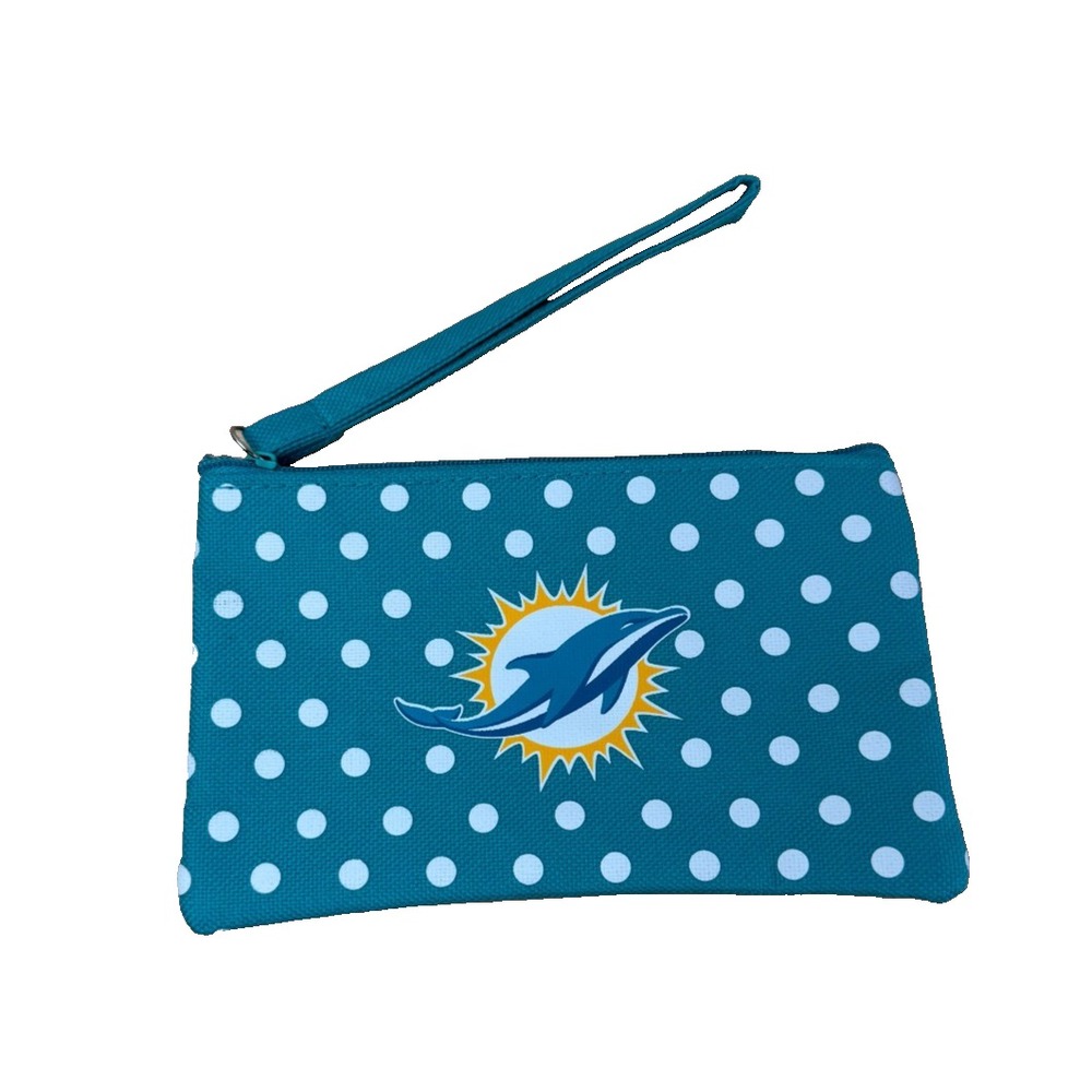 NFL Miami Dolphins Teal Polka Dot Wristlet Pouch with ID Window Logo Accessory